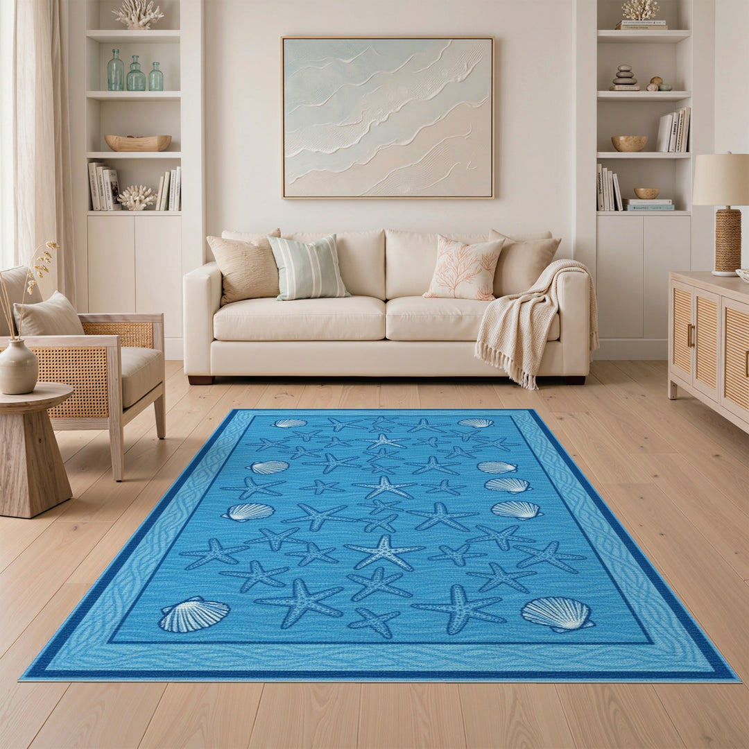 Blue Coastal Starfish and Seashell Area Rug