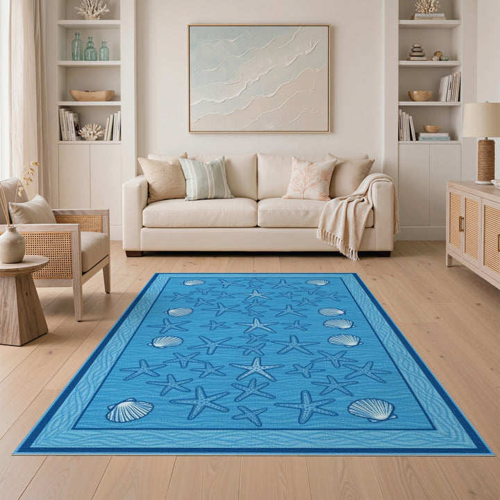 Blue Coastal Starfish and Seashell Area Rug