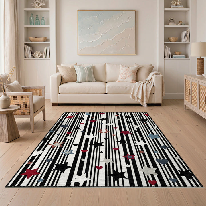 Black and White Black White Striped Stars and Hearts Area Rug
