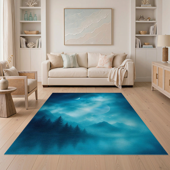 Blue Teal Moonlit Mountain Area Rug