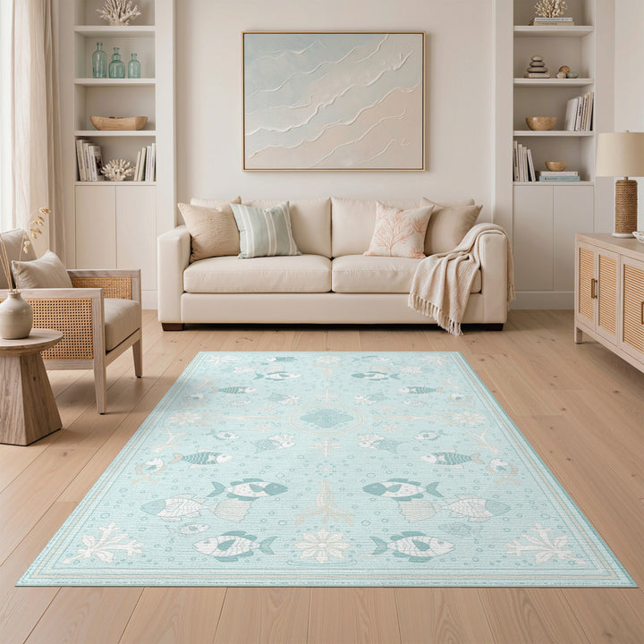 Teal Coastal Fish Area Rug