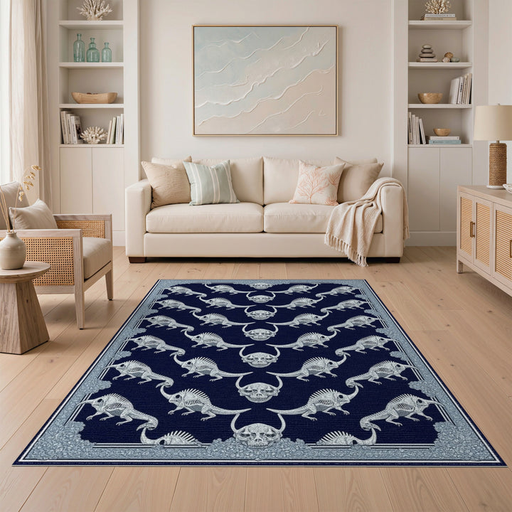 Dinosaur Skeleton Skull Navy Area Rug