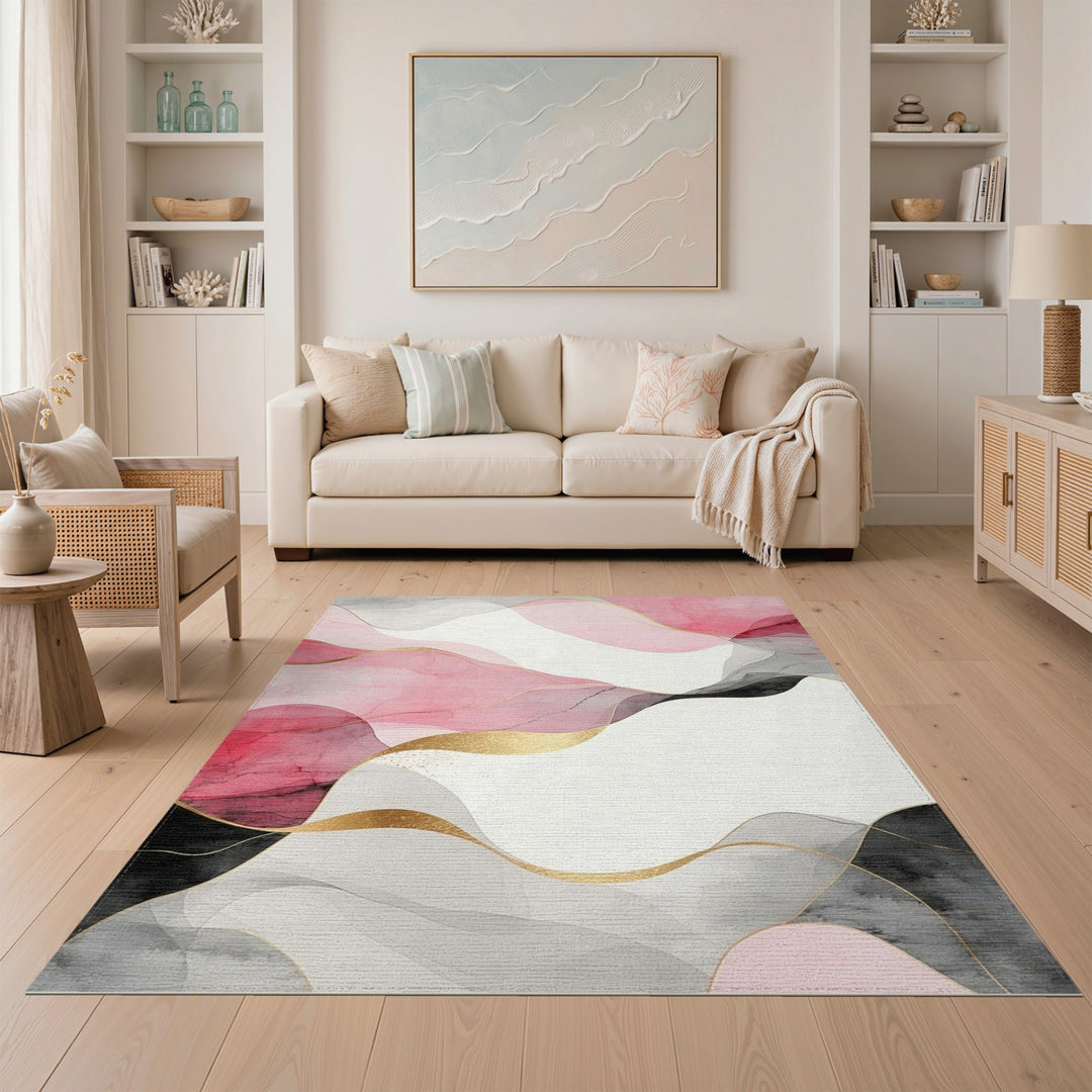 Pink Gold Fluid Wave Abstract Area Rug