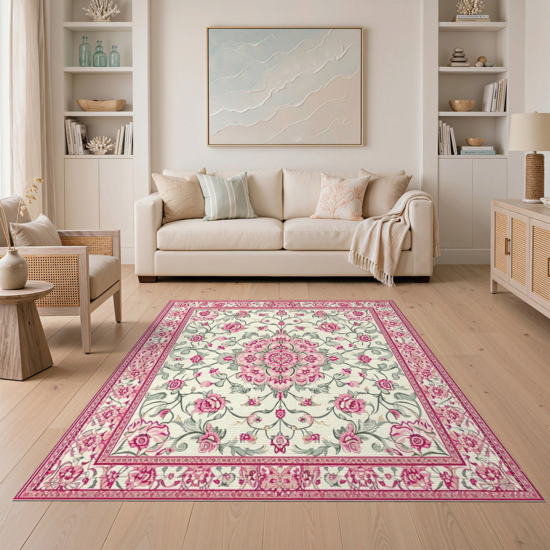 Pink Rose Floral Vintage Area Rug