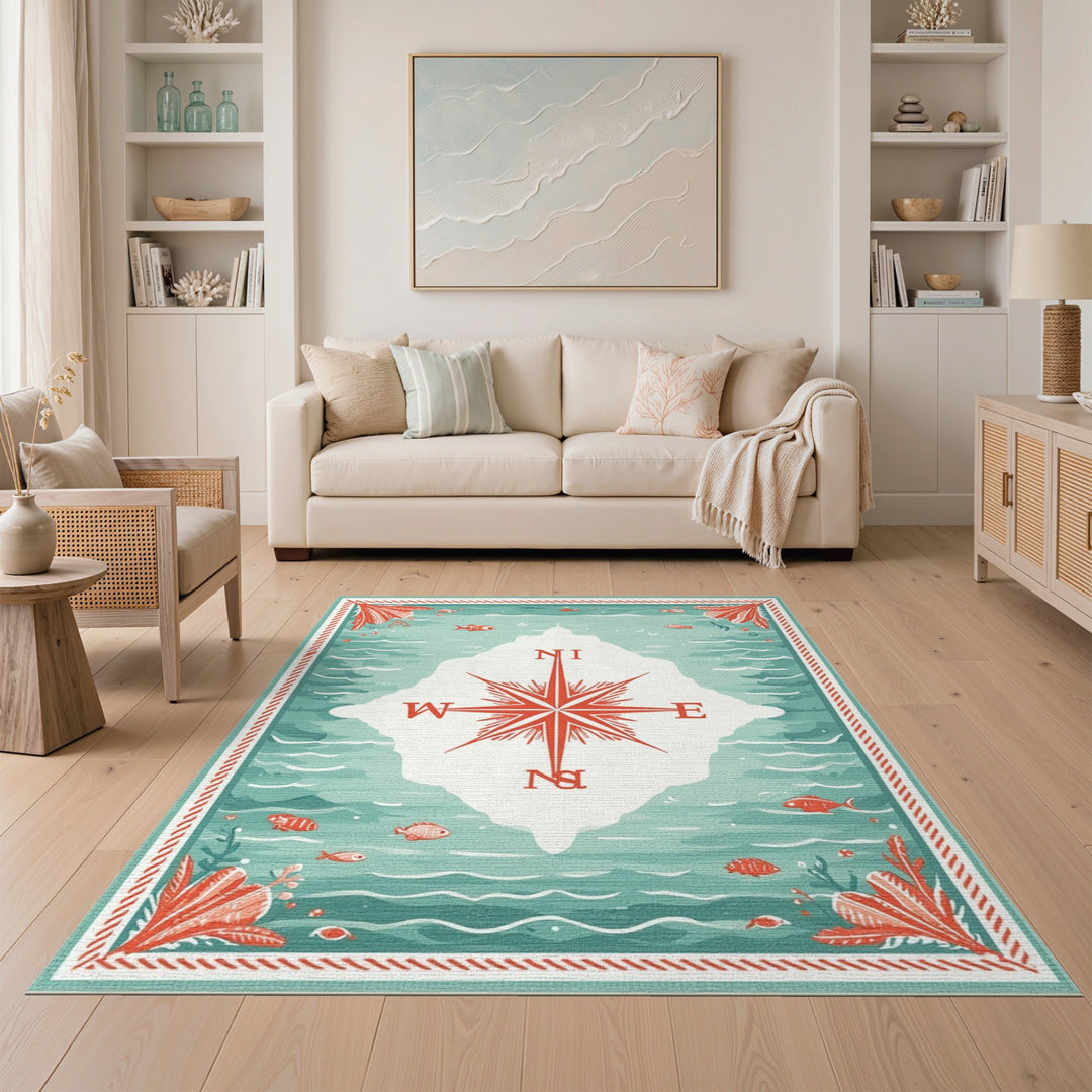 Coastal Compass Teal Area Rug