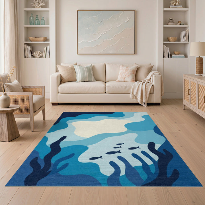 Blue Ocean Waves Fish Area Rug