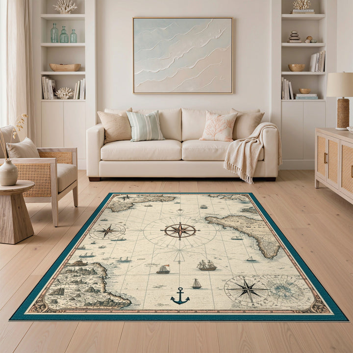 Vintage Nautical Map Area Rug with Compass