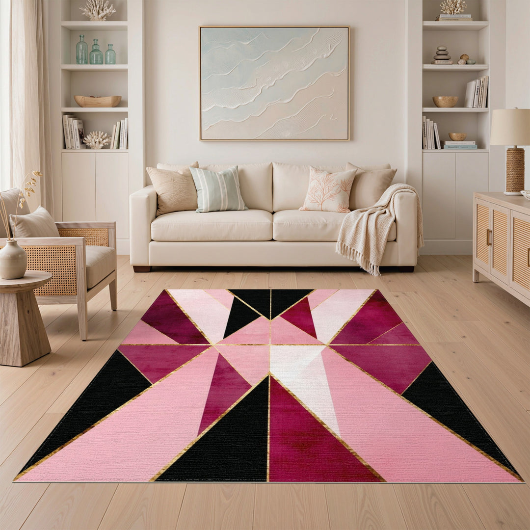 Geometric Modern Pink Geometric Area Rug with Gold Accents