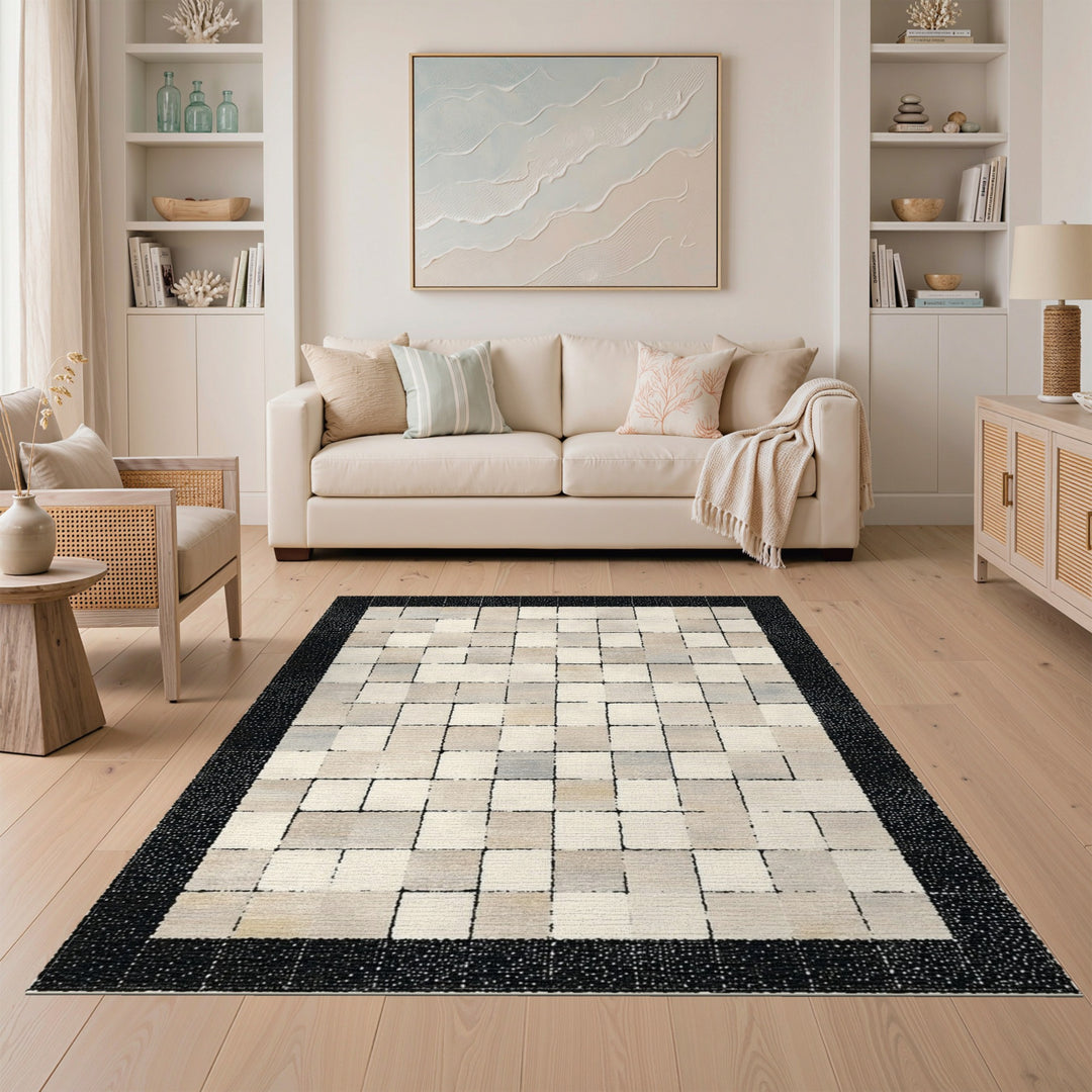 Geometric Modern Beige Neutral Geometric Grid Area Rug