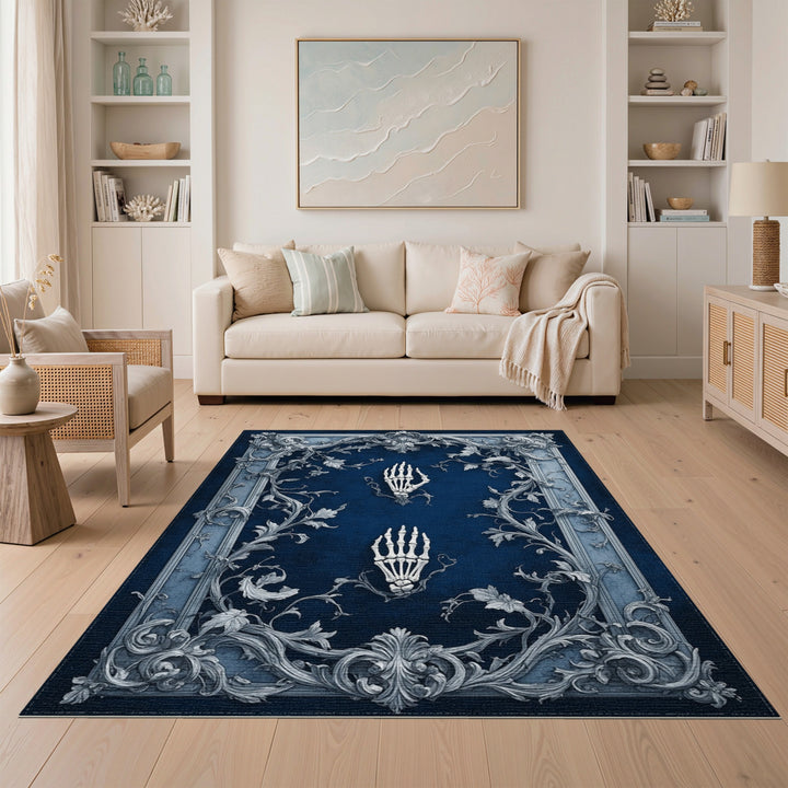 Blue Ornate Skeleton Hands Vintage Rug