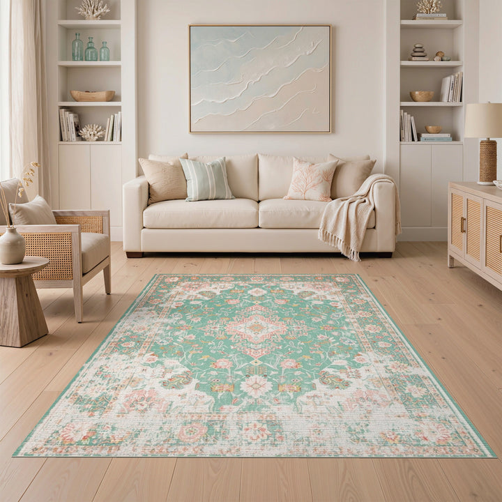 Distressed Vintage Blue Teal Distressed Vintage Floral Area Rug