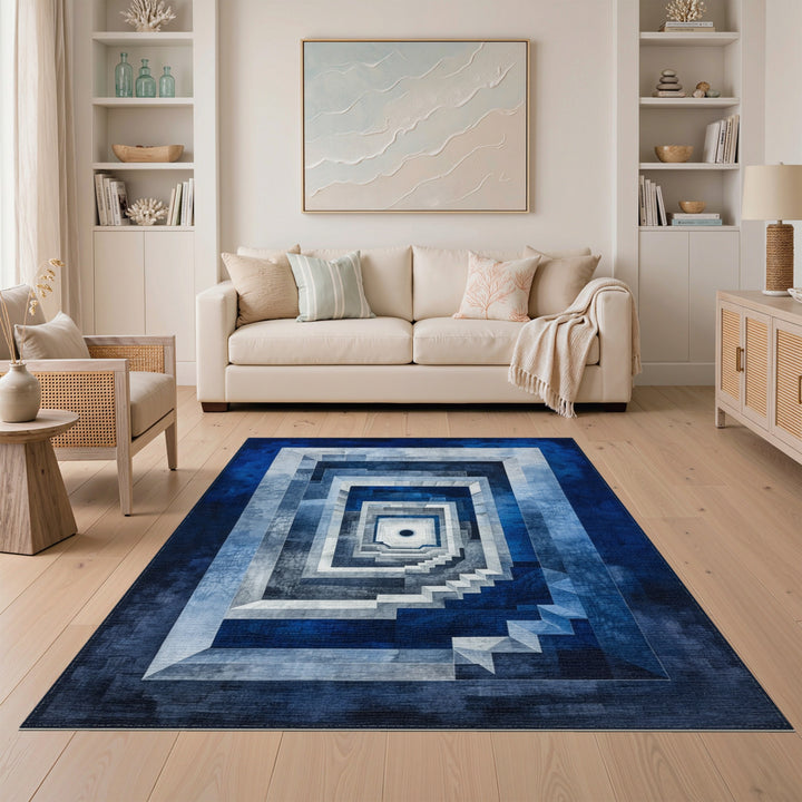 Blue Geometric Staircase Area Rug