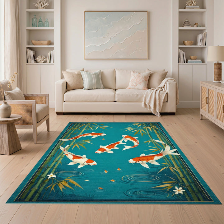 Teal Koi Fish Bamboo Pond Area Rug