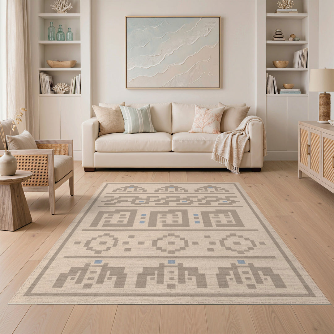 Beige Geometric Area Rug with Blue Accents