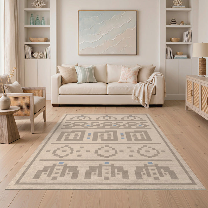 Beige Geometric Area Rug with Blue Accents