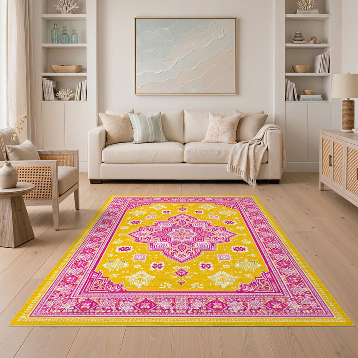 Yellow Pink Geometric Medallion Area Rug