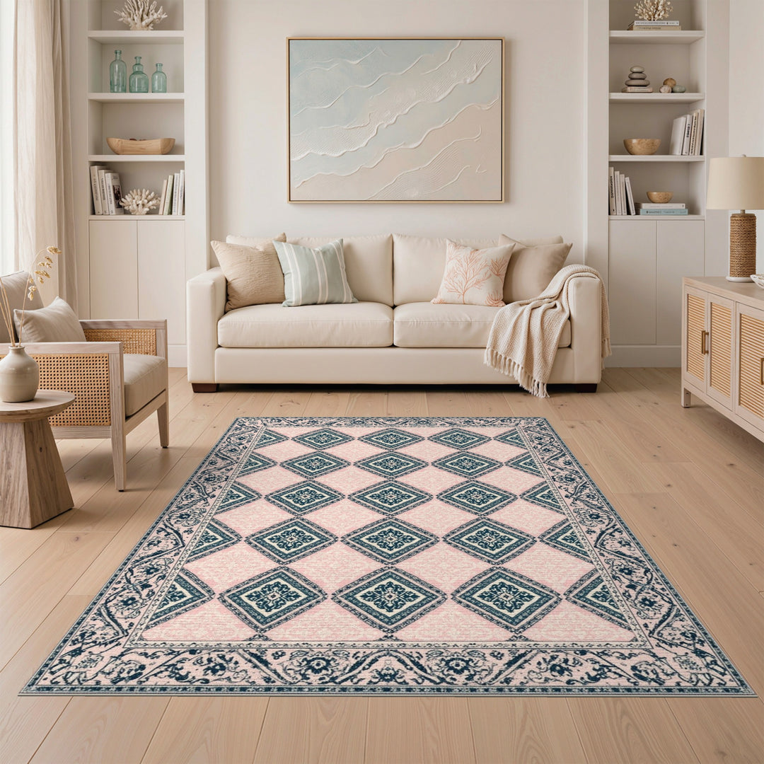 Pink Teal Diamond Floral Vintage Area Rug