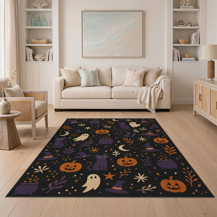 Spooky Halloween Witch Cat Pumpkin Area Rug