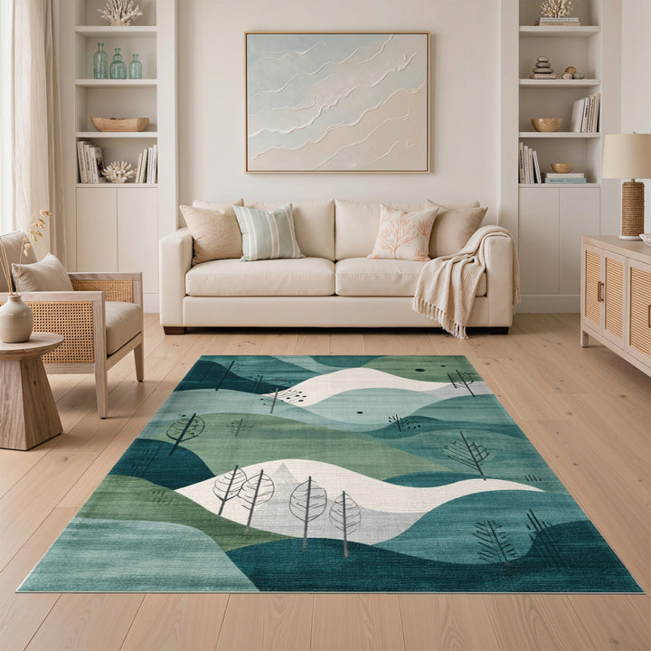 Blue Teal Abstract Hills Area Rug
