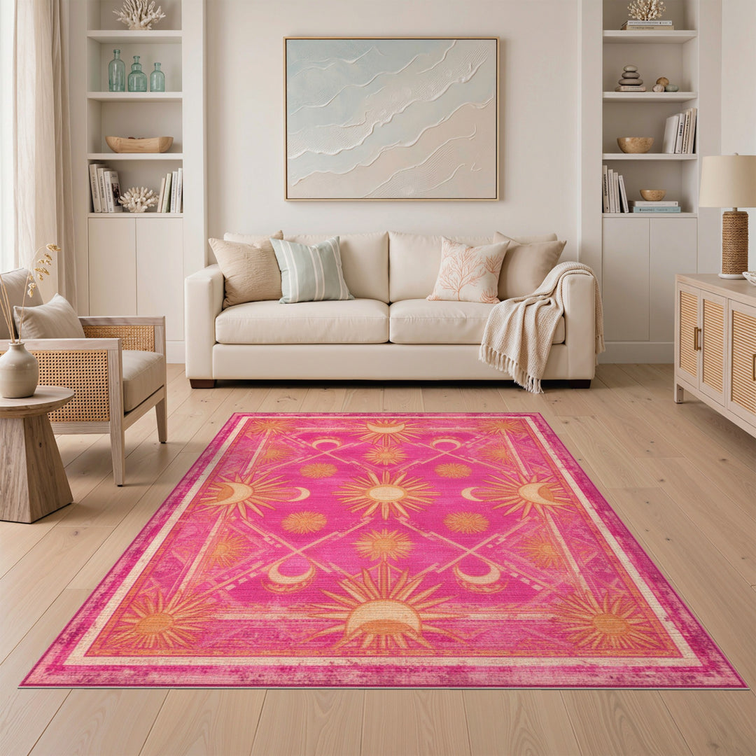 Pink Boho Sun Moon Celestial Area Rug