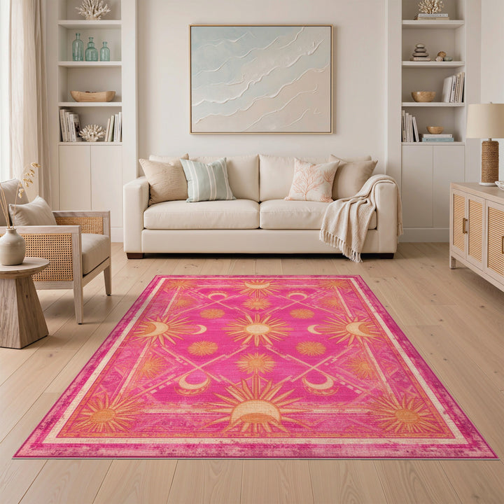 Pink Boho Sun Moon Celestial Area Rug