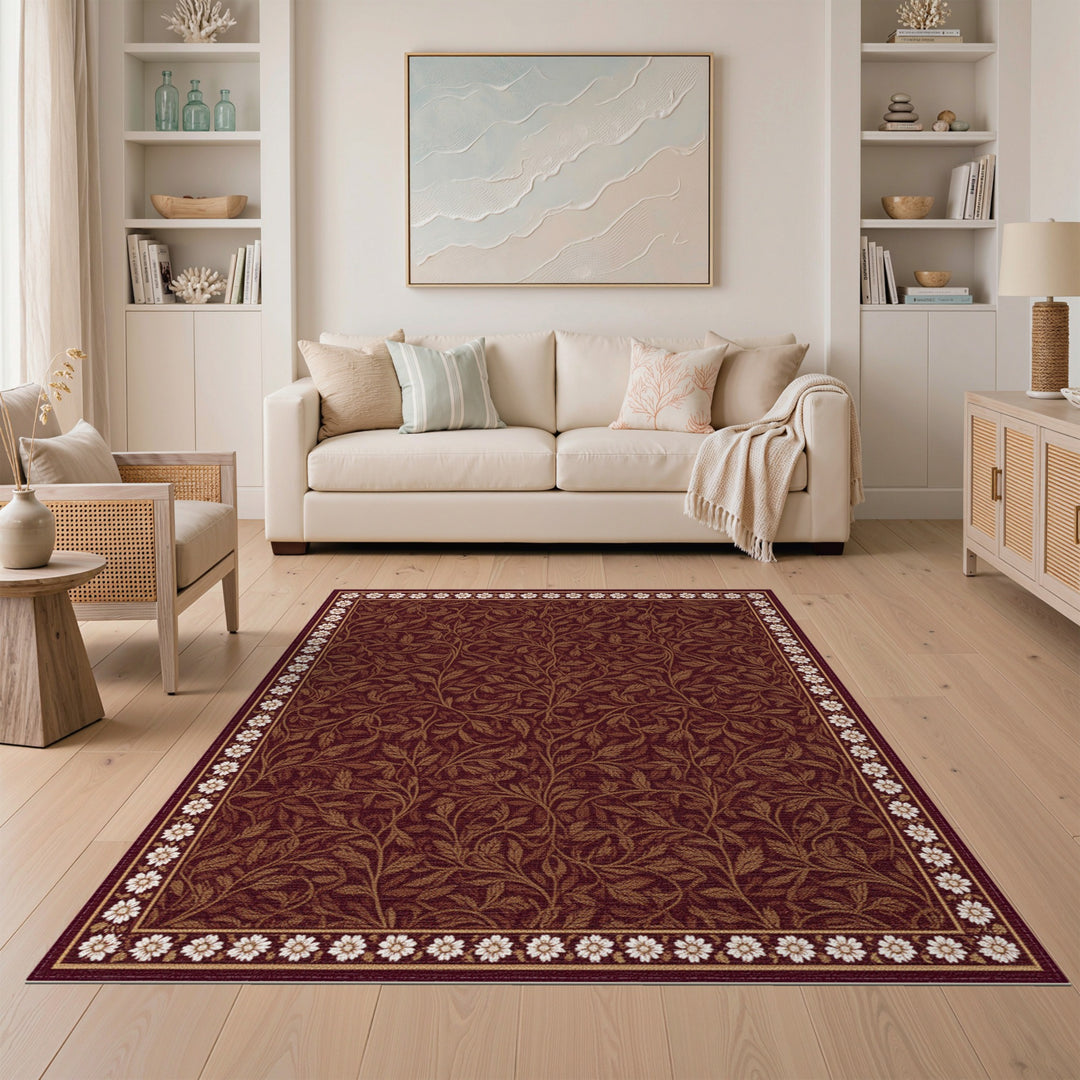 Brown Floral Vintage Area Rug with Daisy Border