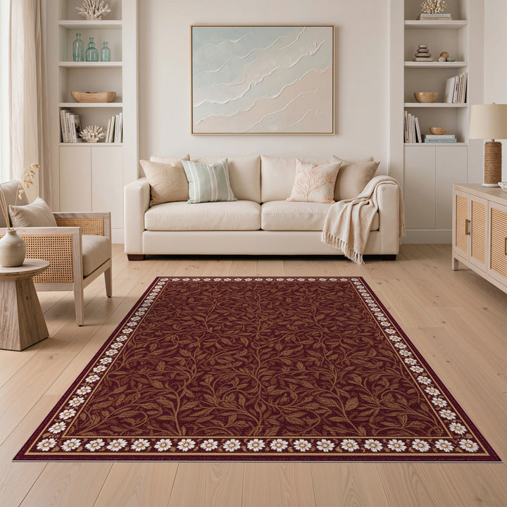 Brown Floral Vintage Area Rug with Daisy Border