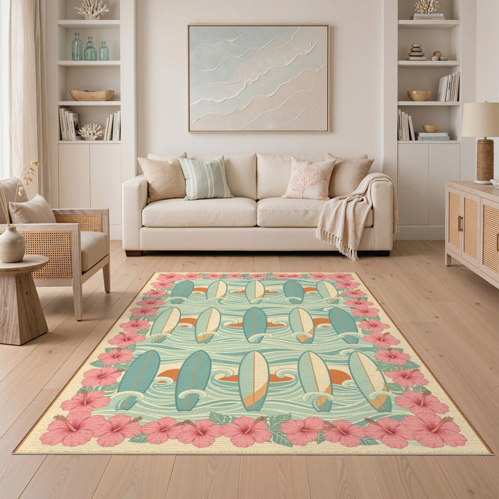 Surfboard Wave Hibiscus Coastal Area Rug