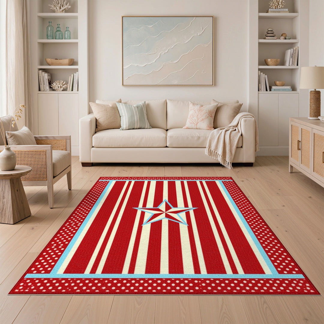Red Striped Star Washable Area Rug
