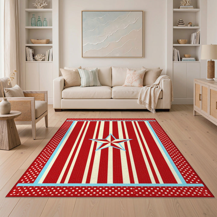 Red Striped Star Washable Area Rug
