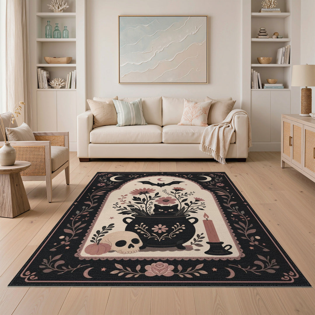Pink Mystical Black Cat Cauldron Area Rug