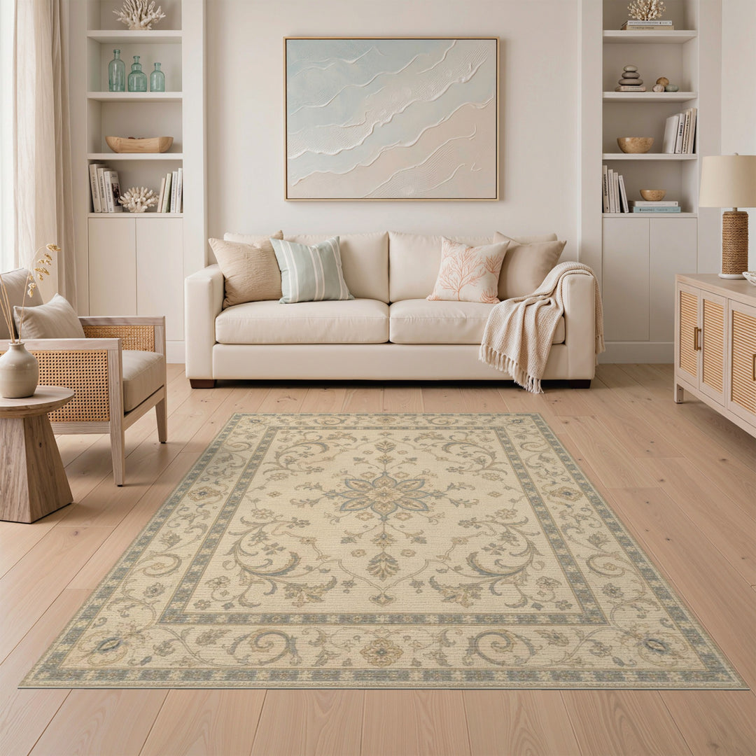 Beige Floral Medallion Area Rug