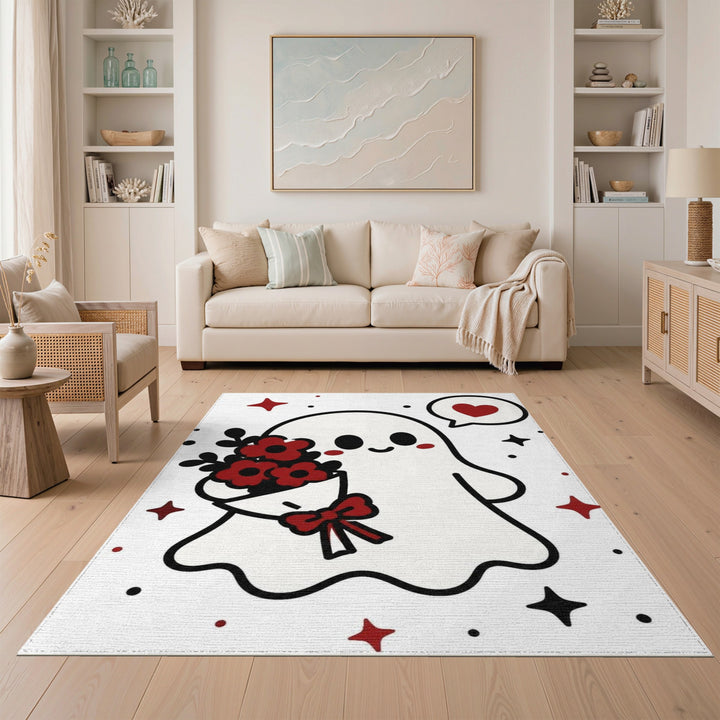 Cute Ghost with Red Flowers Kids Rug