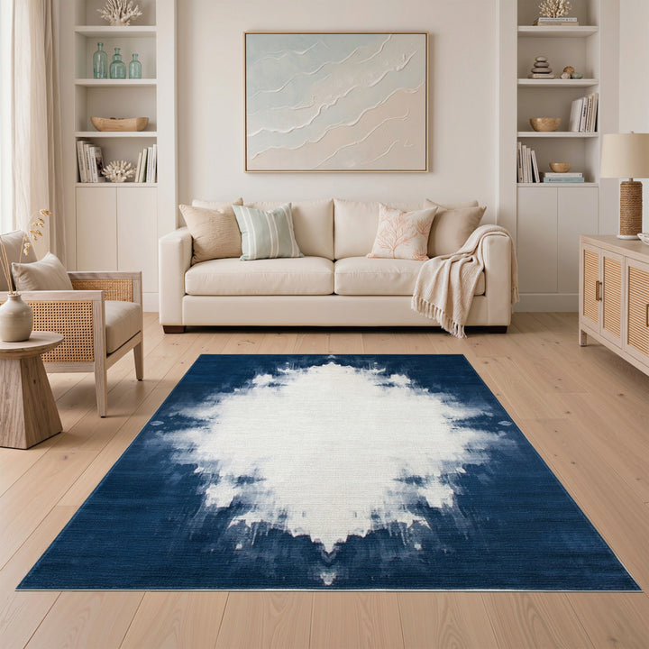 Blue and Teal Navy Blue Abstract Washable Area Rug