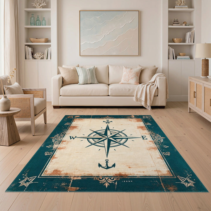 Nautical Compass Distressed Vintage Area Rug