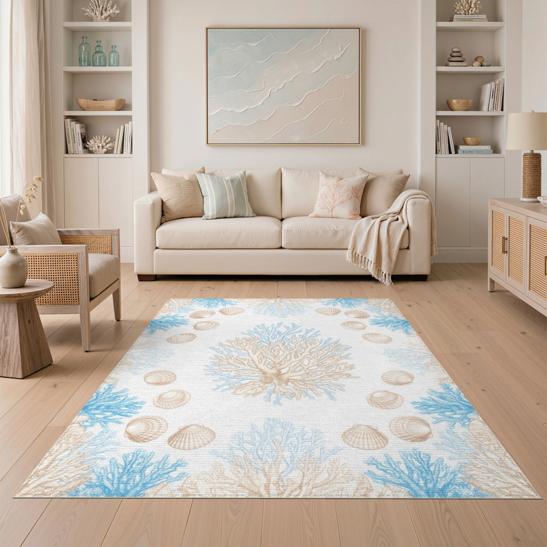 Blue Coral Seashell Coastal Area Rug