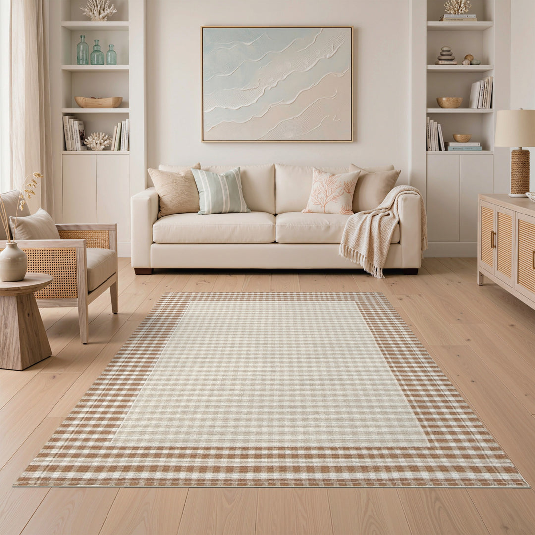 Brown and Tan Rustic Farmhouse Brown Gingham Checkered Area Rug