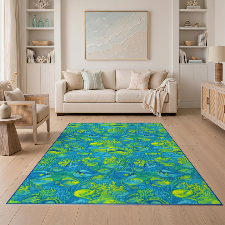 Blue and Teal Blue Fish Coral Coastal Area Rug