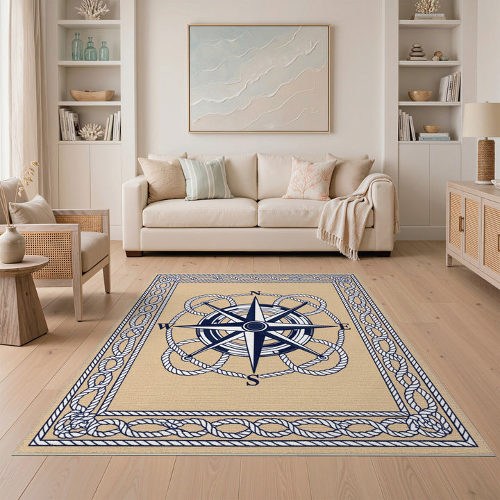 Beige Nautical Compass Area Rug