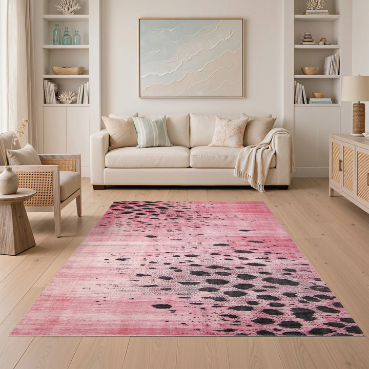 Pink Abstract Area Rug with Black Spots