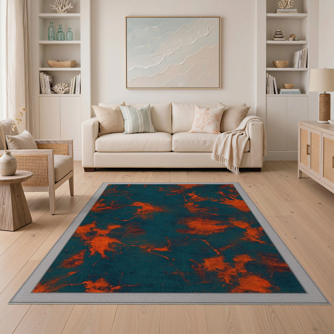 Blue Teal Abstract Orange Splatter Area Rug
