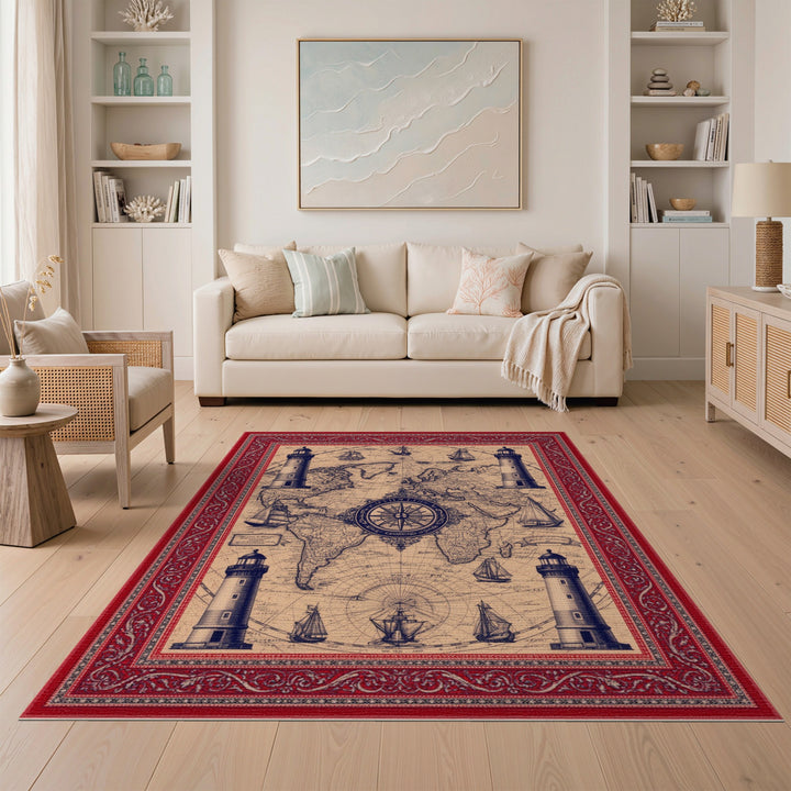 Vintage Nautical World Map Red Border Rug
