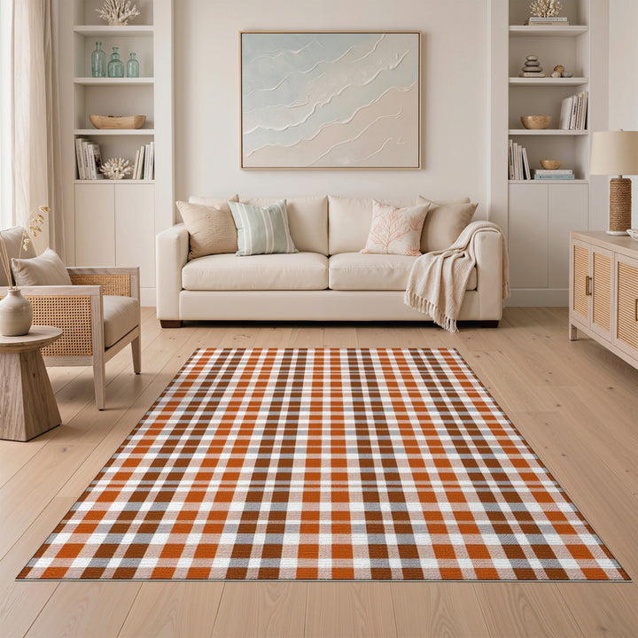 Orange Gingham Check Farmhouse Area Rug