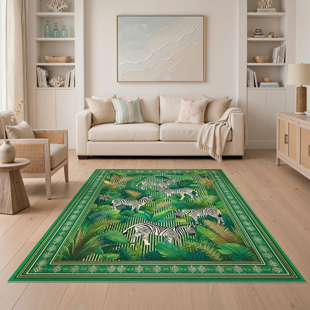 Green Zebra Jungle Washable Area Rug