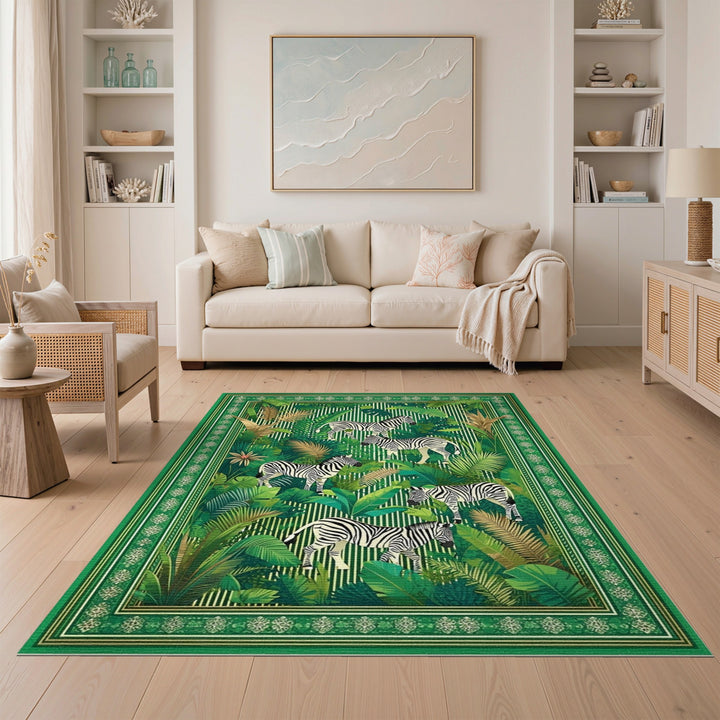 Green Zebra Jungle Washable Area Rug