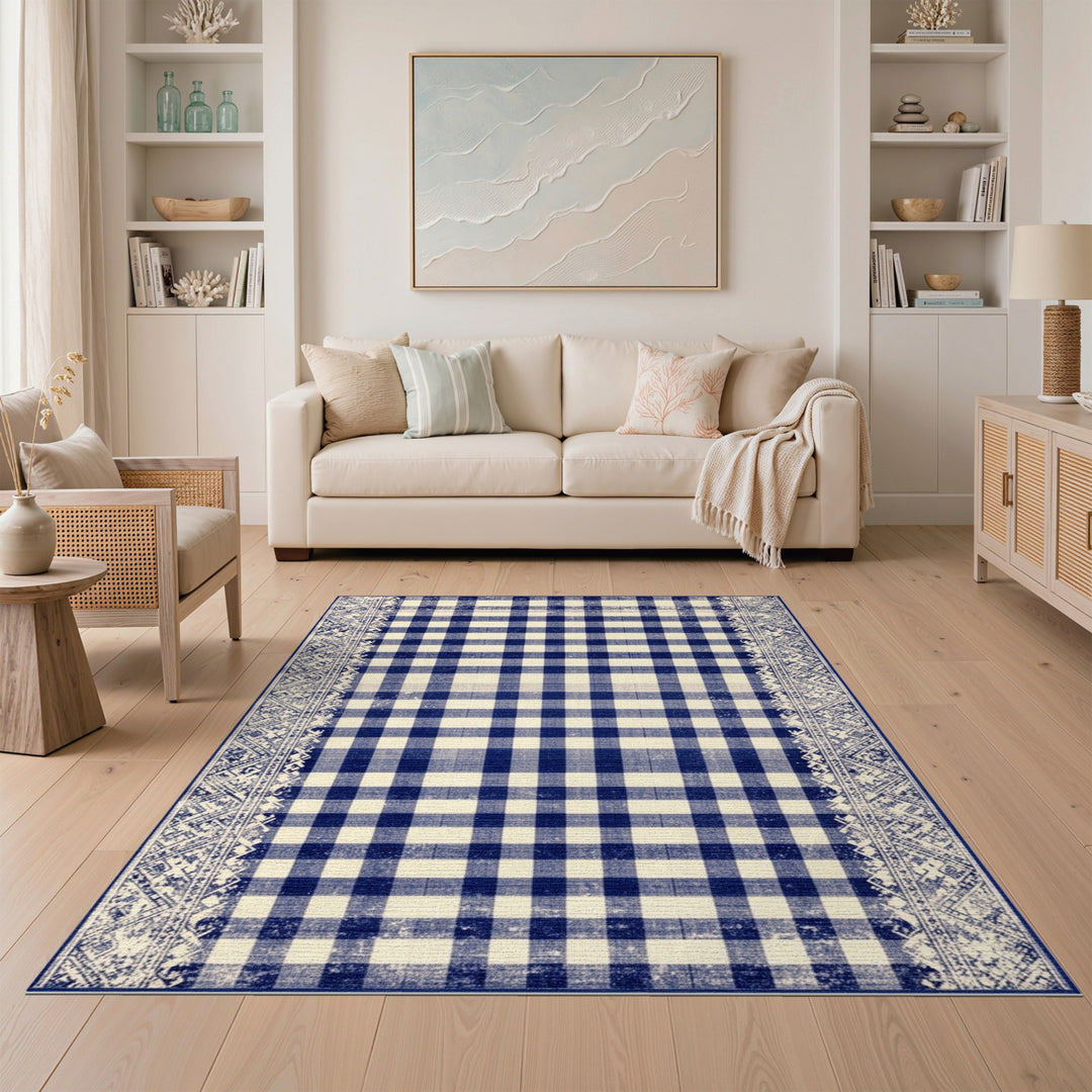 Navy Blue Checkered Vintage Area Rug