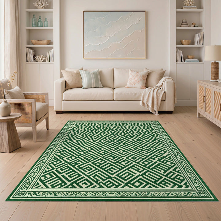 Green Geometric Maze Green Area Rug
