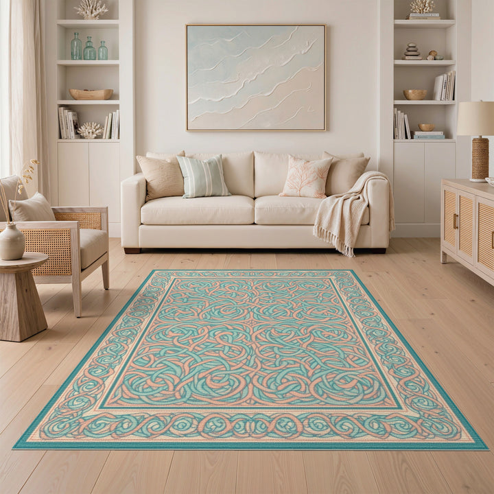 Teal Coral Interlocking Knot Area Rug