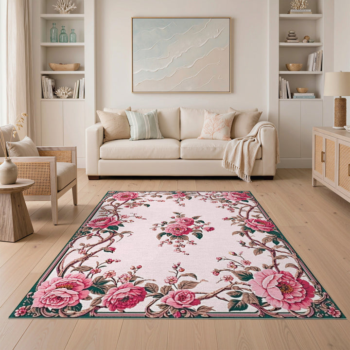 Pink Rose Floral Vintage Washable Area Rug