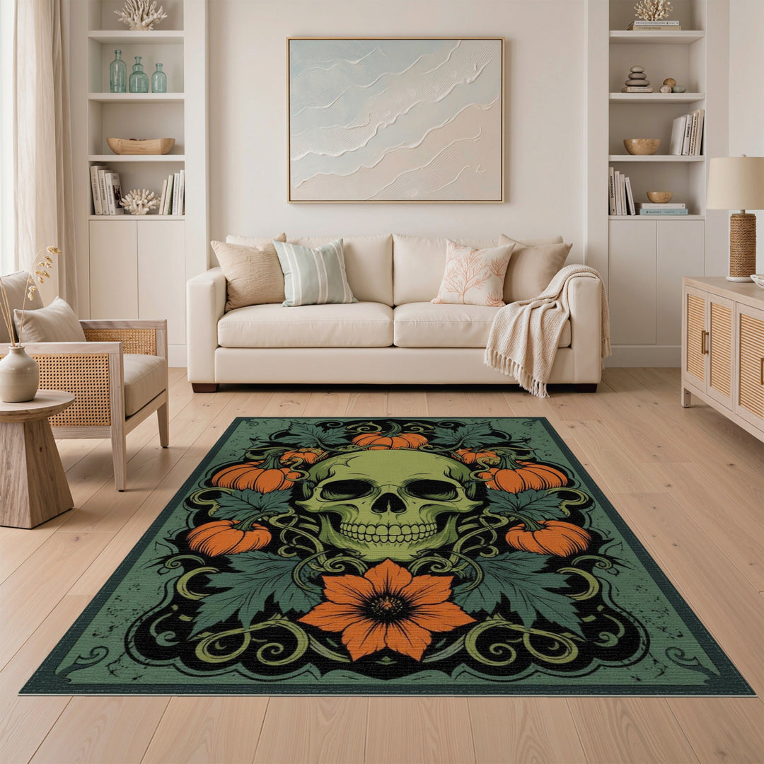 Green Skull Pumpkin Vintage Area Rug
